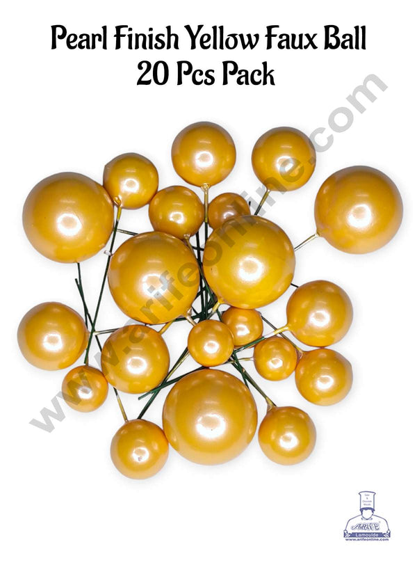 CAKE DECOR™ Pearl Finish Yellow Faux Balls Topper For Cake and Cupcake Decoration - (20 Pcs Pack)