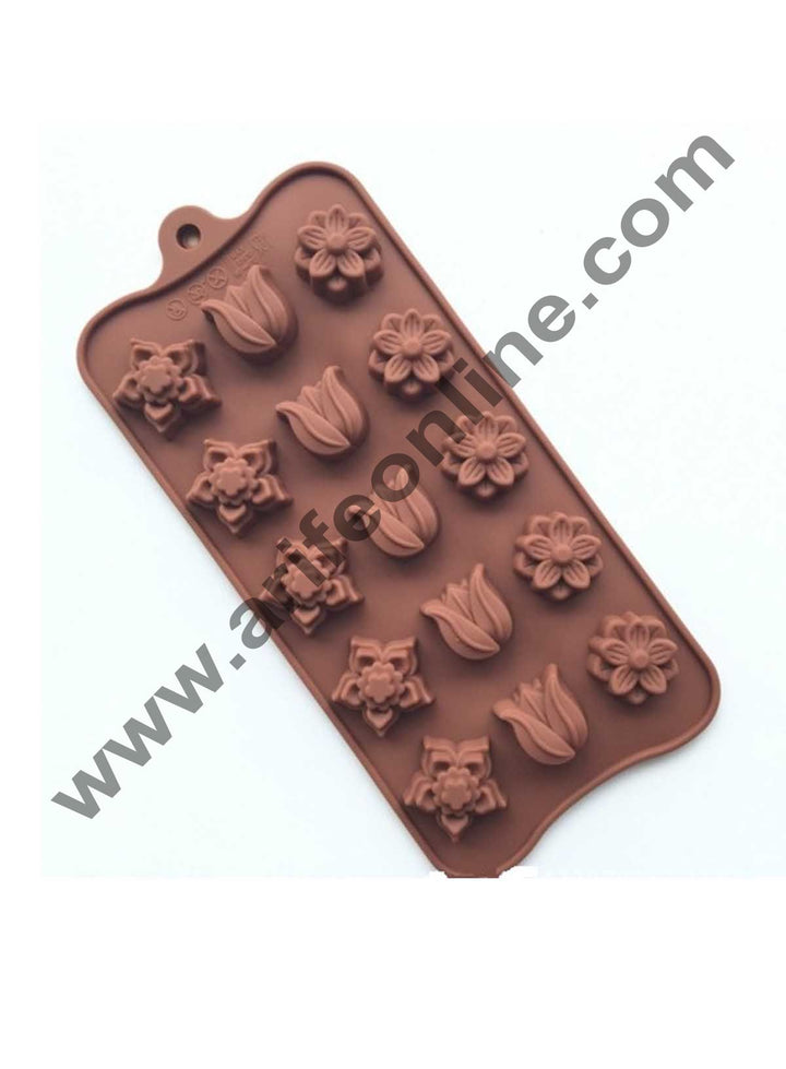 Cake Decor 15-Cavity Mix Flowers Liliy Shape Silicone Brown Chocolate Moulds