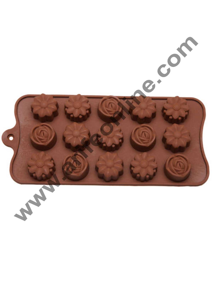 Cake Decor Silicon 15 Cavity Mix Flower Design Brown Chocolate Mould, Ice Mould, Chocolate Decorating Mould
