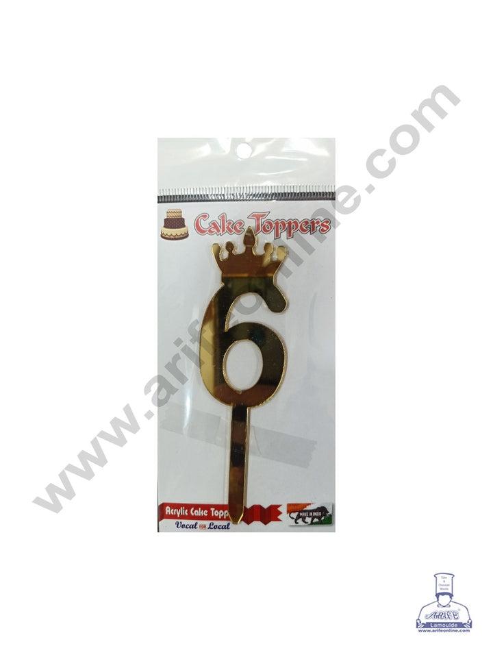 Cake Decor 5 Inch Acrylic Golden Number Toppers - Six Number With Crown