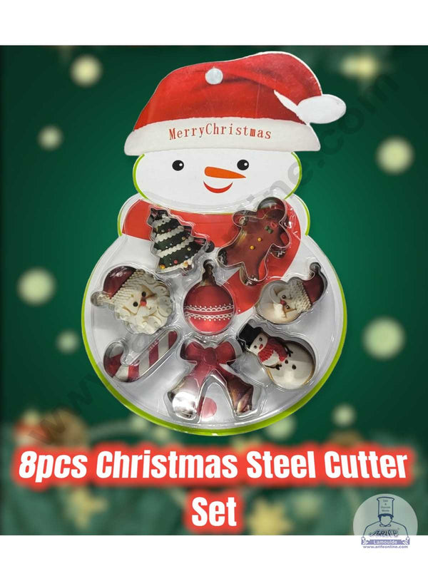 CAKE DECOR™ 8 Pcs Christmas Tree Santa Face Cane Candy Bow Bell Snowman Ball Christmas Theme Steel Cookies Cutter