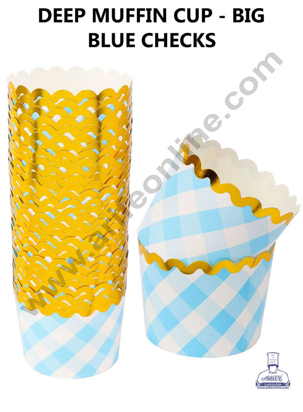 CAKE DECOR™ Big Blue White Checks with Golden Border Deep Muffin Cupcake Liners (50Pcs Pack)