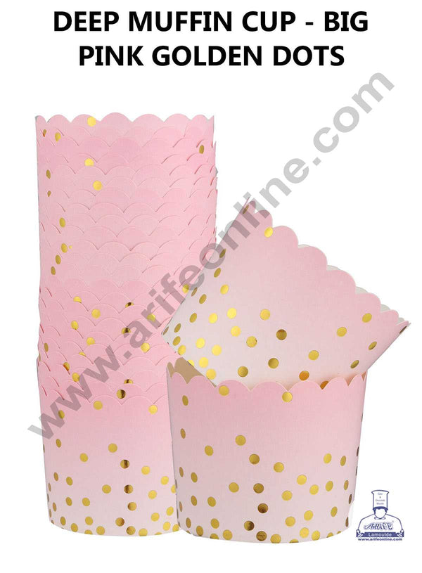 CAKE DECOR™ Big Pink White with Golden Dots Deep Muffin Cupcake Liners (50Pcs Pack)