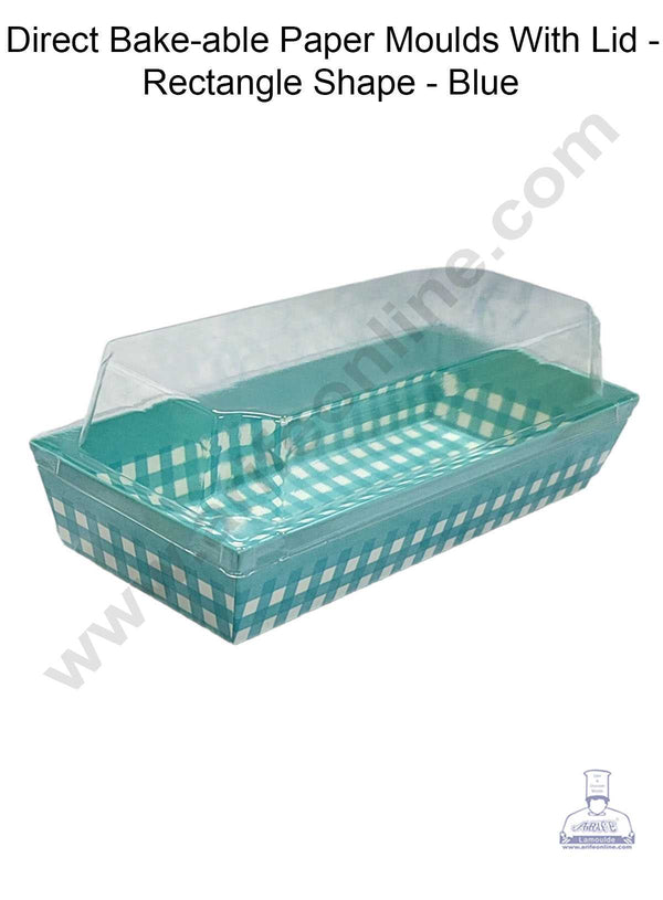 CAKE DECOR™ Direct Bake-able Paper Moulds With Lid - Rectangle Shape - Blue(10 Pcs Pack)