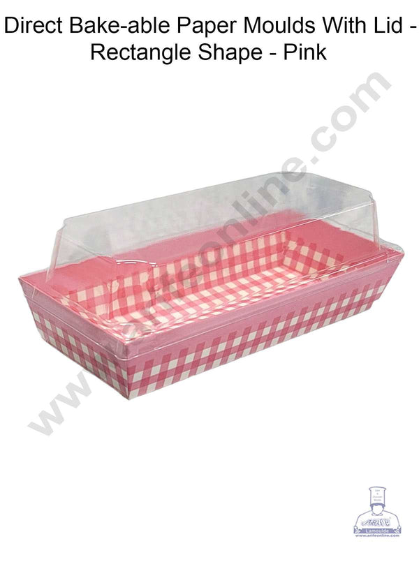 CAKE DECOR™ Direct Bake-able Paper Moulds With Lid - Rectangle Shape - Pink (10 Pcs Pack)