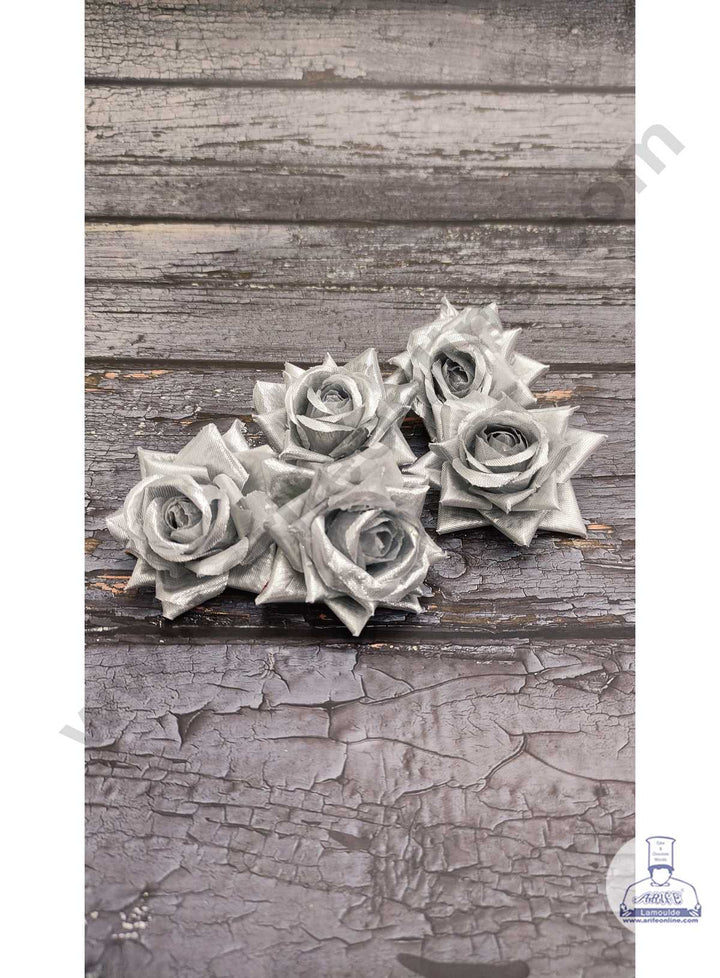 CAKE DECOR™ Medium Velvet Rose Artificial Flower For Cake Decoration – Silver ( 5 pcs Pack )