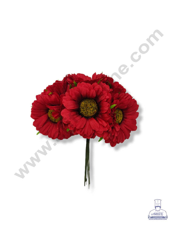 CAKE DECOR™ New Sunflower Artificial Flower For Cake Decoration – Red ( 1 Bunch )