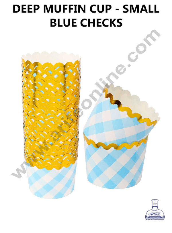CAKE DECOR™ Small Blue White Checks with Golden Border Deep Muffin Cupcake Liners (50Pcs Pack)