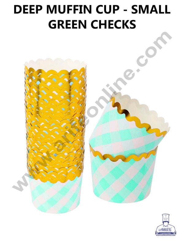 CAKE DECOR™ Small Green White Checks with Golden Border Deep Muffin Cupcake Liners (50Pcs Pack)