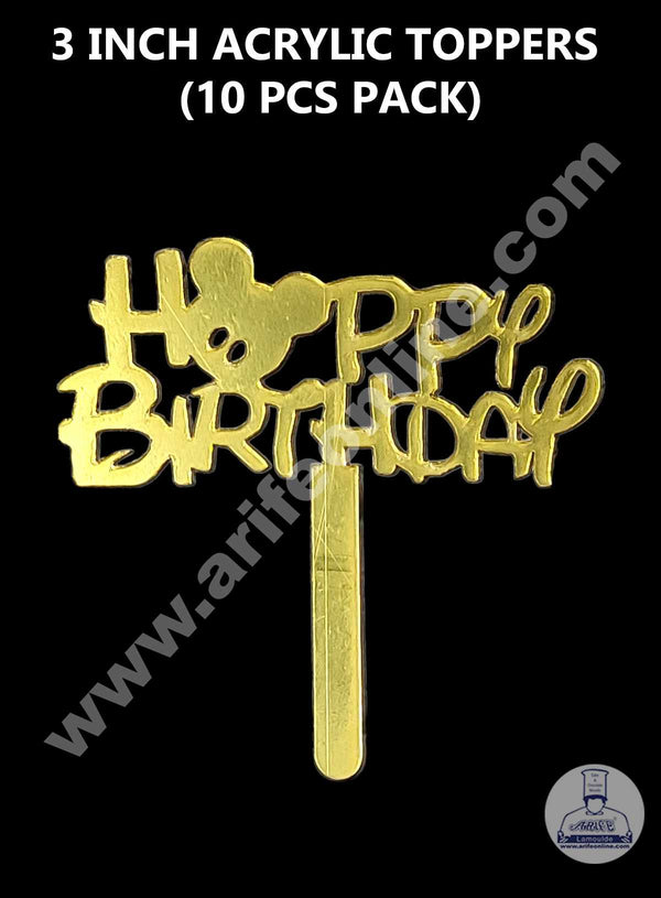 CAKE DECOR™ 3 Inch 10 pcs Golden Acrylic Cake Topper - Happy Birthday ( SBMT-3INCH-02 )