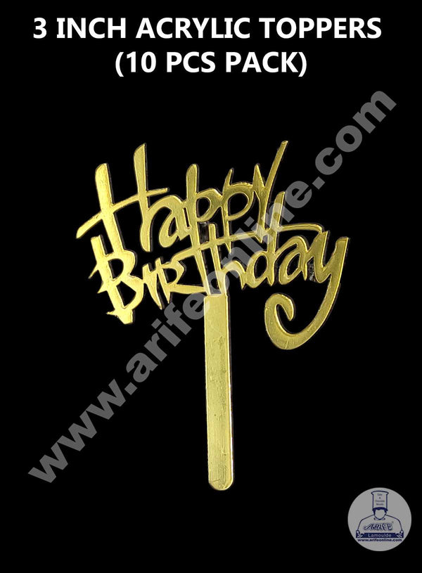 CAKE DECOR™ 3 Inch 10 pcs Golden Acrylic Cake Topper - Happy Birthday ( SBMT-3INCH-06 )