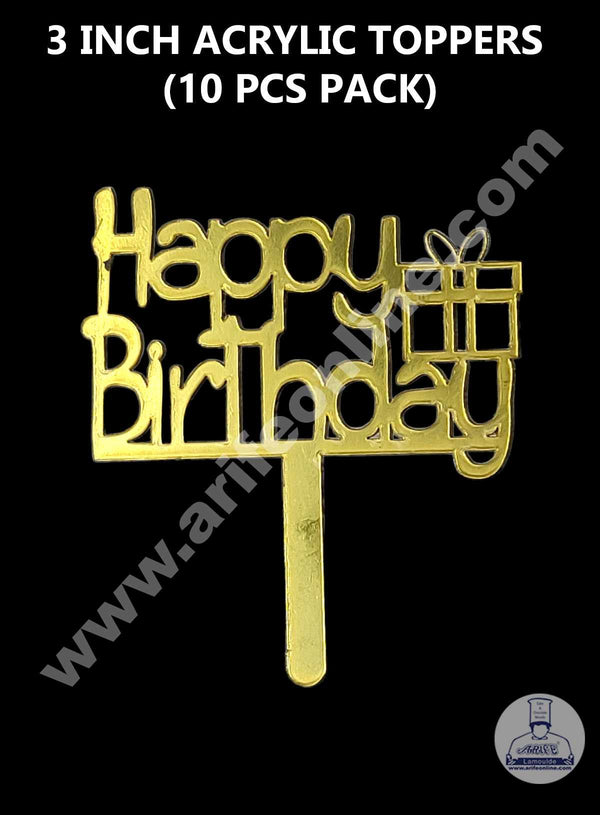 CAKE DECOR™ 3 Inch 10 pcs Golden Acrylic Cake Topper - Happy Birthday ( SBMT-3INCH-08 )