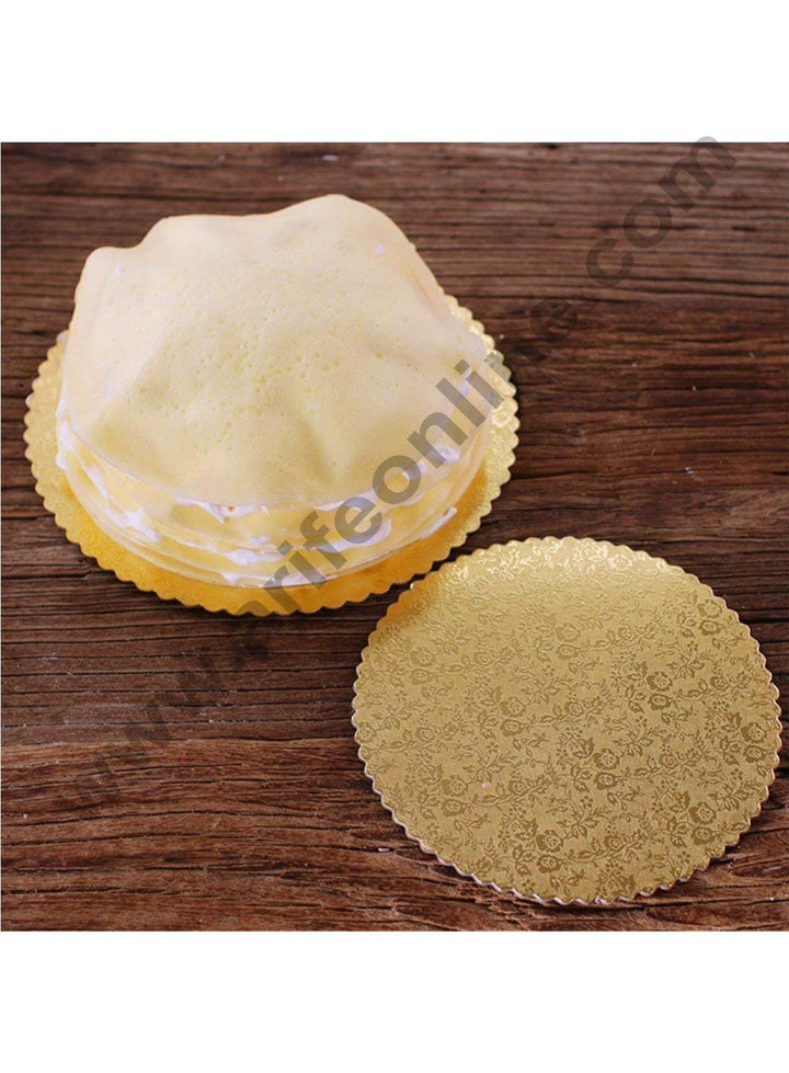 Cake Decor Gold Design Flower Print Glossy Corrugated Cake Board Base 10 Inch Diameter for One Kg Cakes- Pack of 10 Pcs