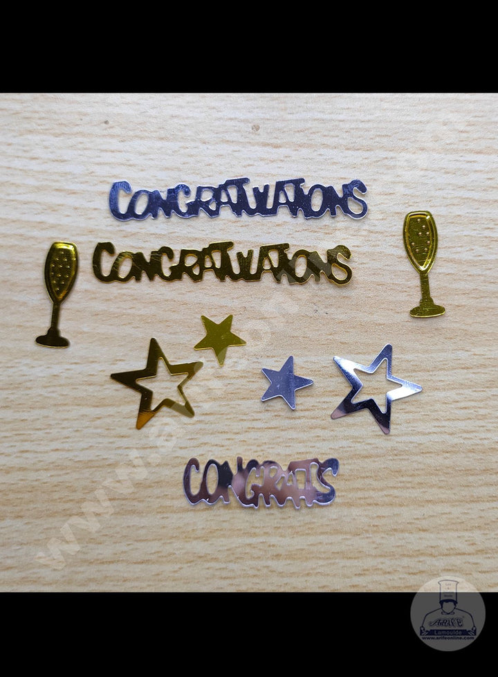 Cake Decor Congrats and Star Shape Confetti for Table Party Decoration - Gold and Silver