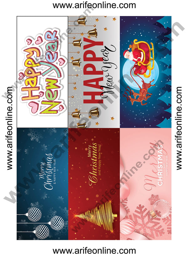 Cake Decor Merry Christmas Happy New Year Chocolate Bar Stickers 6 pc (A4 Size Sheet)