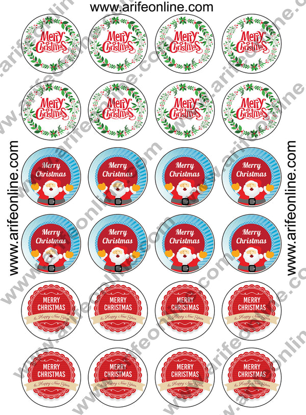 Cake Decor Merry Christmas Round Stickers 24 pc (A4 Size Sheet)