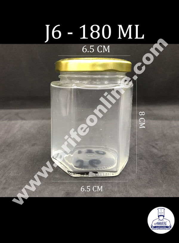 Cake Decor Set of 1 Clear Hexagon Glass Jars For Food Storage With Golden Lug Caps ( 180ml )