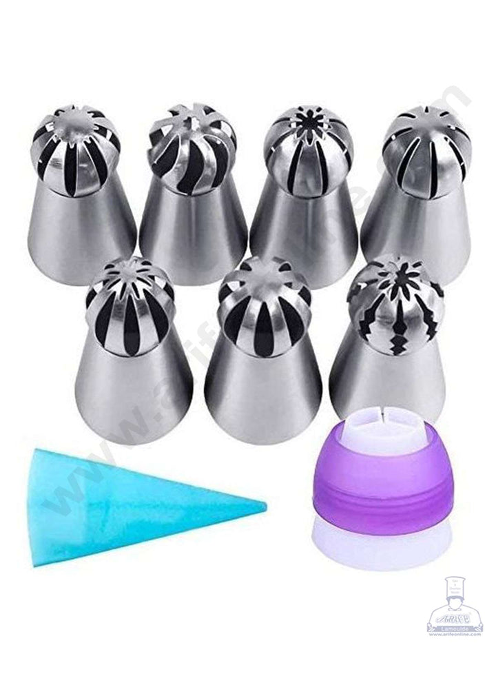Cake Decor™ 7 Pcs Medium Ball Tip Balloon Russian Nozzle 1 Coupler and 1 Silicon Piping Bag Set Pastry Tips Cupcake Cake Decorating Nozzle SBYG-13