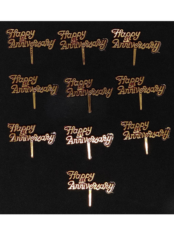 Cake Decor Red Golden Happy Anniversary Cake Tag Cake Topper (Pack of 10 Pcs)
