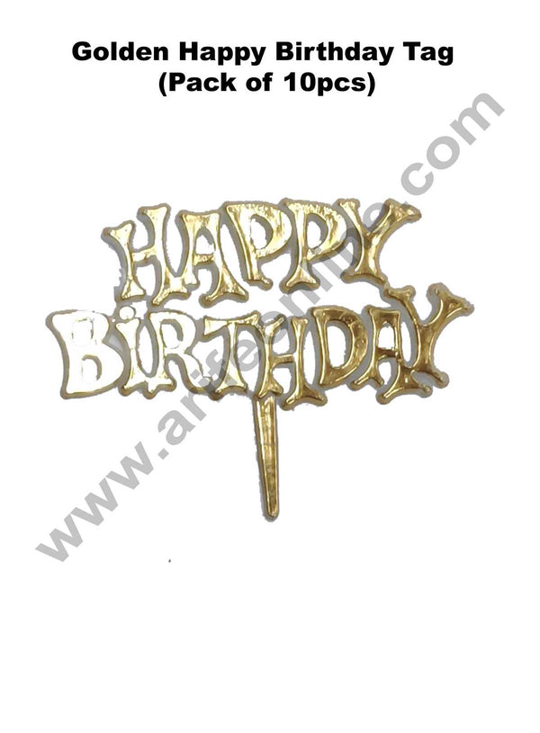 Cake Decor Golden Happy Birthday Cake Tag Cake Topper (Pack of 10 Pcs)