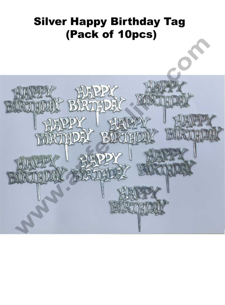 Cake Decor Silver Happy Birthday Cake Tag Cake Topper (Pack of 10 Pcs)