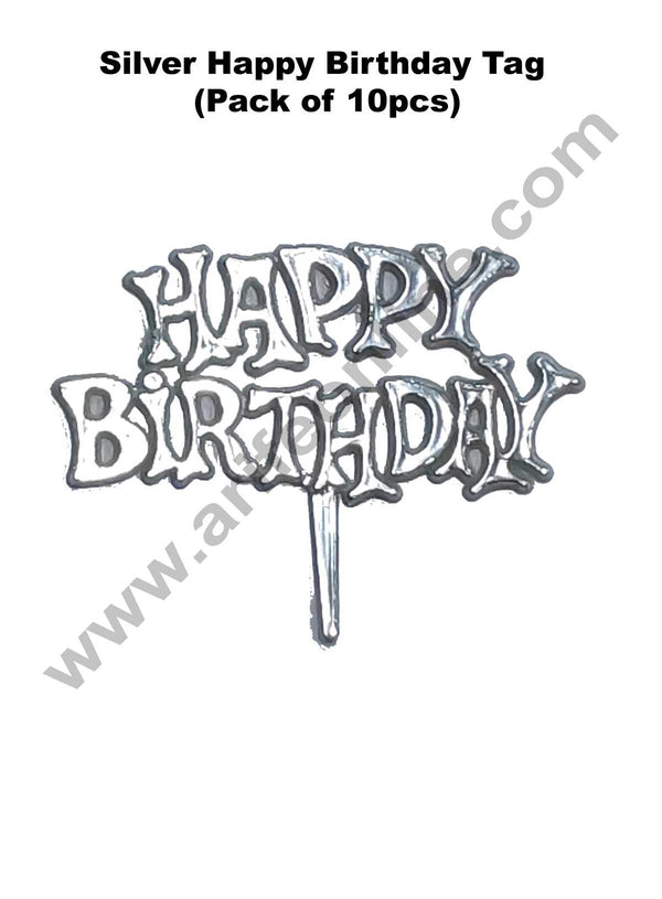 Cake Decor Silver Happy Birthday Cake Tag Cake Topper (Pack of 10 Pcs)