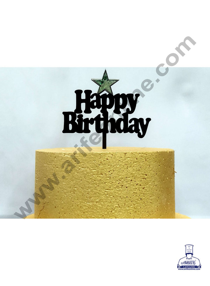Cake Decor Exclusive Acrylic 3D Glitter Cake Topper - Black Happy Birthday With Star