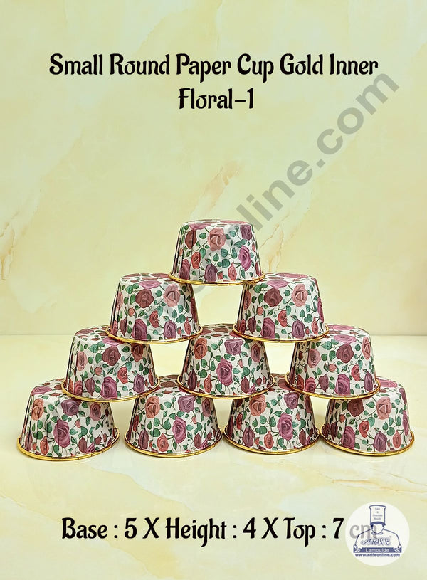 Cake Decor™Round Direct Bakeable Cups With Plastic Golden Coating Floral Design Bake and Serve Disposable Mould 50 Pcs (Floral 1)