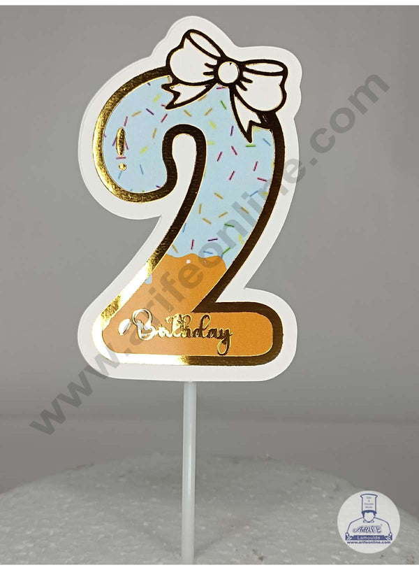 CAKE DECOR™ 2nd Birthday Blue Donut Theme with Bow Paper Topper For Cake And Cupcake ( SBMT-PT-02B )