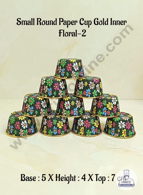 Cake Decor™Round Direct Bakeable Cups With Plastic Golden Coating Floral Design Bake and Serve Disposable Mould 50 Pcs (Floral-2)