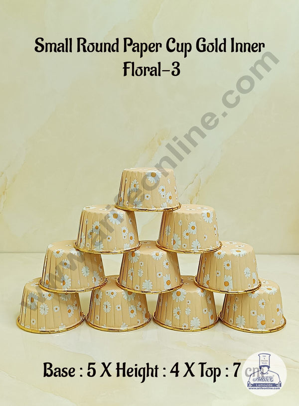 Cake Decor™Round Direct Bakeable Cups With Plastic Golden Coating Floral Design Bake and Serve Disposable Mould 50 Pcs (Floral-3)