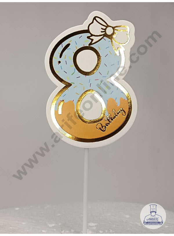 CAKE DECOR™ 8th Birthday Blue Donut Theme with Bow Paper Topper For Cake And Cupcake ( SBMT-PT-08B )