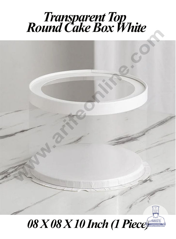 CAKE DECOR™ 1 Piece Transparent Top Round Cake Box White | Gift Box | Hamper Box | Pinata Box - (8 X 8 X 10 Inch)