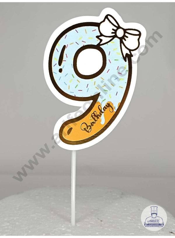 CAKE DECOR™ 9th Birthday Blue Donut Theme with Bow Paper Topper For Cake And Cupcake ( SBMT-PT-09B )