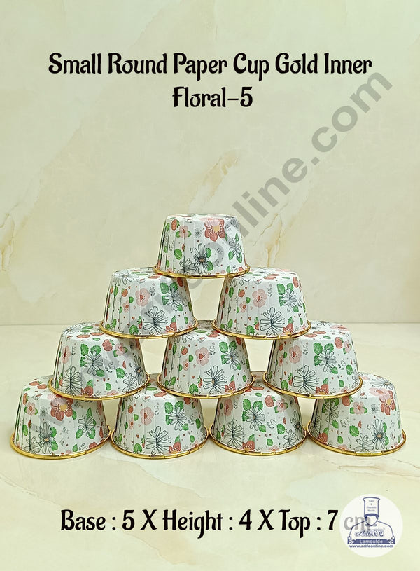 Cake Decor™Round Direct Bakeable Cups With Plastic Golden Coating Floral Design Bake and Serve Disposable Mould 50 Pcs (Floral-5)