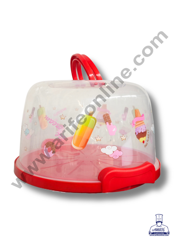 CAKE DECOR™ Multi-function Cake Case with Candy Print | Cake Carrier | Cake Keeper with Lid (Small)  - Red