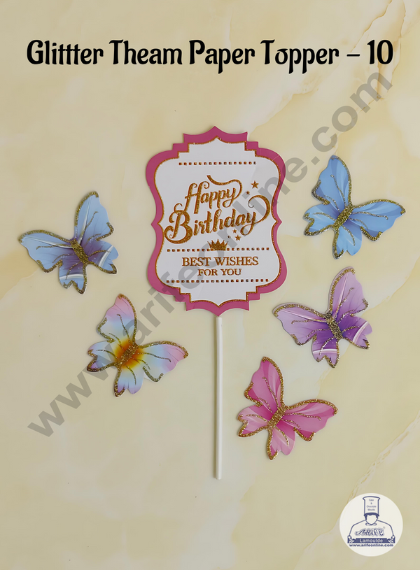 CAKE DECOR™ 6 pcs Pink Vintag Happy Birthday Day Tag with Multi Colour Glitter Butterfly Paper Topper For Cake And Cupcake