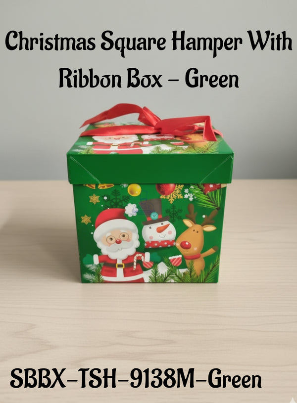 Christmas Square Hamper With Ribbon Box - Green | 15 x 15 x 15 cm | 1 Piece - CAKE DECOR™