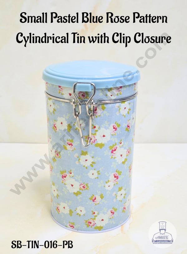 CAKE DECOR™ Small Pastel Blue Rose Pattern  Cylindrical Tin with Clip Closure -  SB-TIN-016-PB