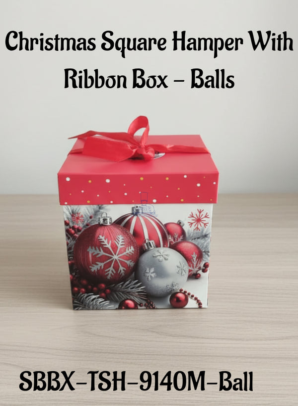 Christmas Square Hamper Box With Ribbon - Balls | 15 x 15 x 15 cm | 1 Piece - CAKE DECOR™
