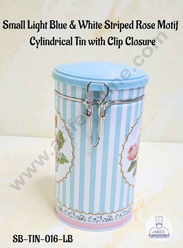 CAKE DECOR™ Small Light Blue & White Striped Rose Motif Cylindrical Tin with Clip Closure - SB-TIN-016-LB