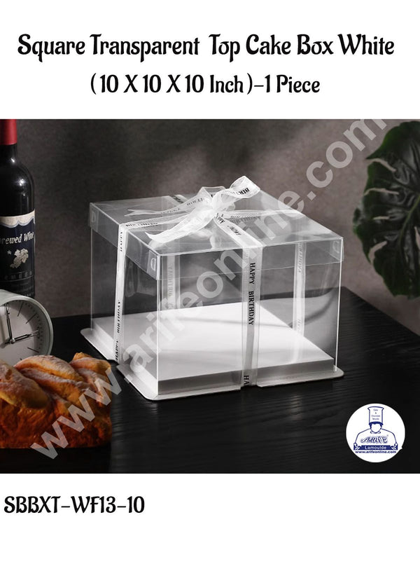 CAKE DECOR™ 1 Piece Transparent Lid  Square Cake Box With White Base  | Gift Box | Hamper Box | Pinata Box - (10 X 10 X 10 Inch)