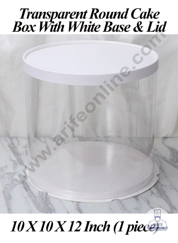 CAKE DECOR™ 1 Piece Transparent Round Cake Box With White Base & Lid | Gift Box | Hamper Box | Pinata Box - (10 X 10 X 12 Inch)