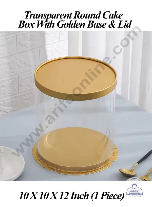 CAKE DECOR™ 1 Piece Transparent Round Cake Box With Golden Base & Lid | Gift Box | Hamper Box | Pinata Box - (10 X 10 X 12 Inch)