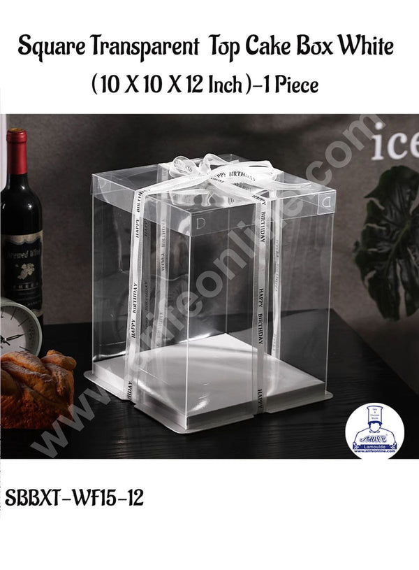 CAKE DECOR™ 1 Piece Transparent Lid  Square Cake Box With White Base  | Gift Box | Hamper Box | Pinata Box - (10 X 10 X 12 Inch)