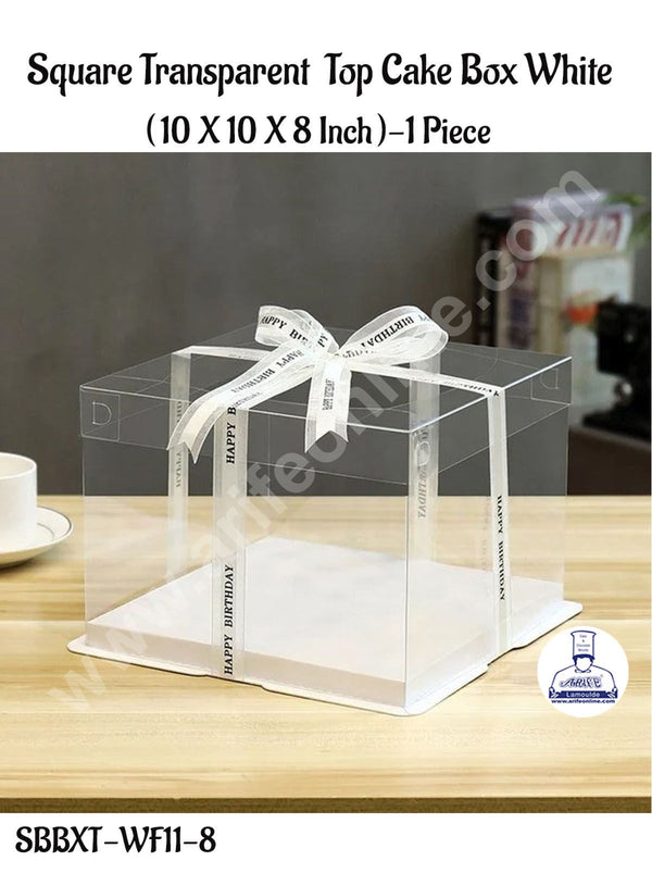 CAKE DECOR™ 1 Piece Transparent Lid  Square Cake Box With White Base  | Gift Box | Hamper Box | Pinata Box - (10 X 10 X 8 Inch)