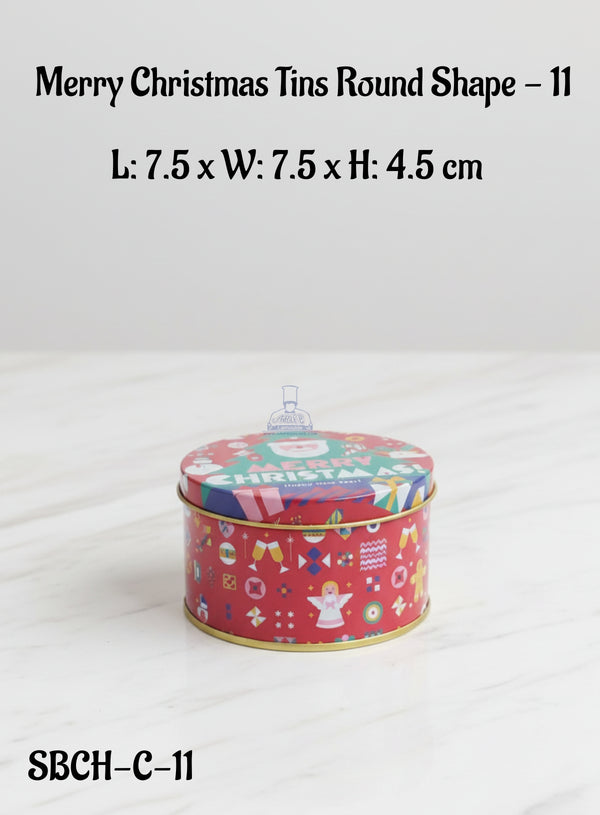 Cake Decor ™ Merry Christmas Tins Round Shape - 11| L: 7.5 x W: 7.5 x H: 4.5 cm| Round Storage Containers Tins | 1 Pc Pack