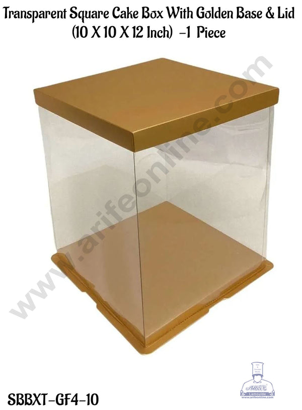 CAKE DECOR™ 1 Piece Transparent Square Cake Box With Golden Base & Lid | Gift Box | Hamper Box | Pinata Box - (10 X 10 X 12 Inch)