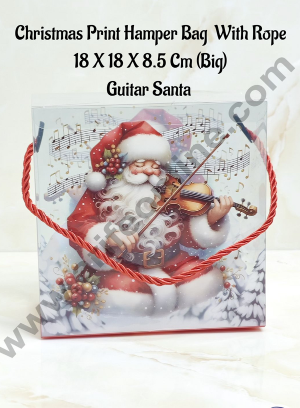 CAKE DECOR™ Christmas Print Hamper Bag With Rope 18 X 18 X 8.5 Cm (Big) - Guitar Santa | Hamper Bag | Gift Box | Gift Bag with Handle (1 Pcs Pack)