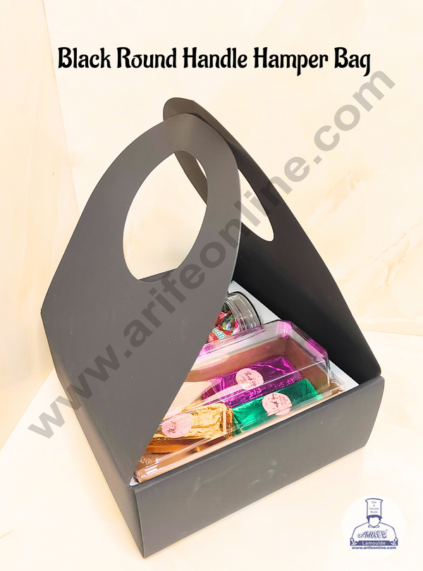 CAKE DECOR™  Round Handle Hamper Box With Cavity (Black)  | Gift Box | Gift Bag With Handle (1 Pc Pack)